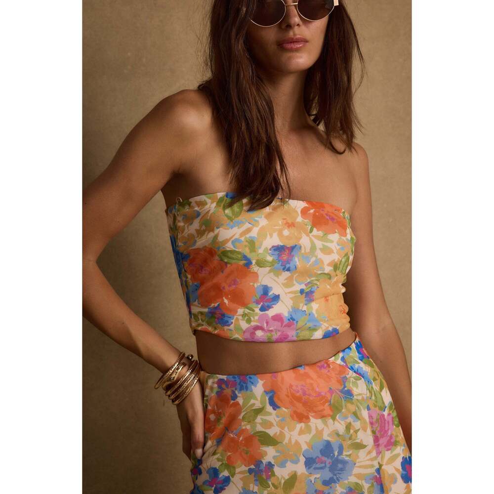 12th Tribe Floral Strapless Crop Top in Orange, Blue, Pink, Green